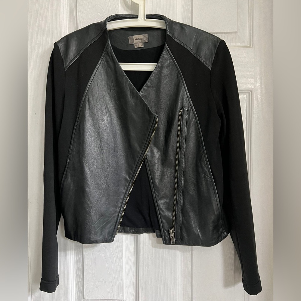 Helmet Lang Black Lamb Leather and Cotton Bomber Sz S Small